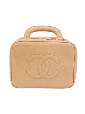 Chanel CC Logo Vanity Bag Caviar Leather Beige Handbag Gold